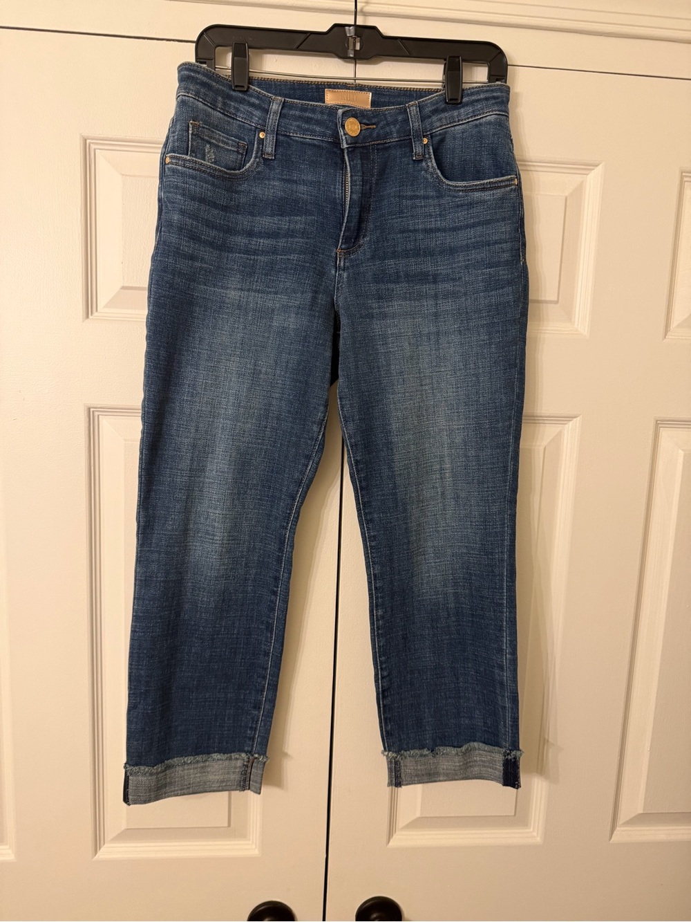 Kut from the Kloth Medium Blue Cropped Straight Jeans with Rolled Hem